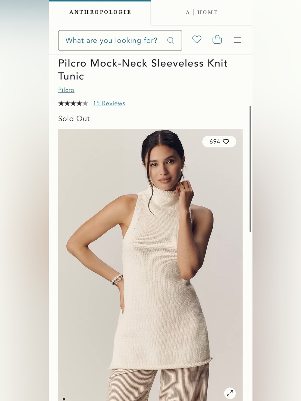 Anthropologie Pilcro Sleeveless Mock Neck Knit Tunic in Cream